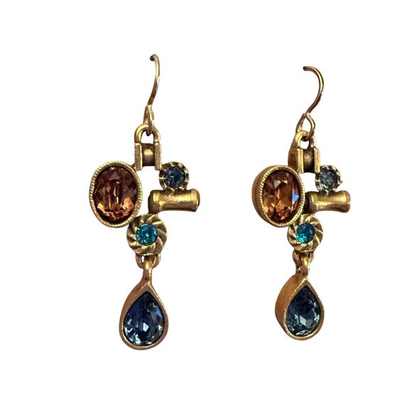 Rare Patricia Locke Geometric Crystal Handmade Gold Toned USA Earrings - Picture 1 of 4